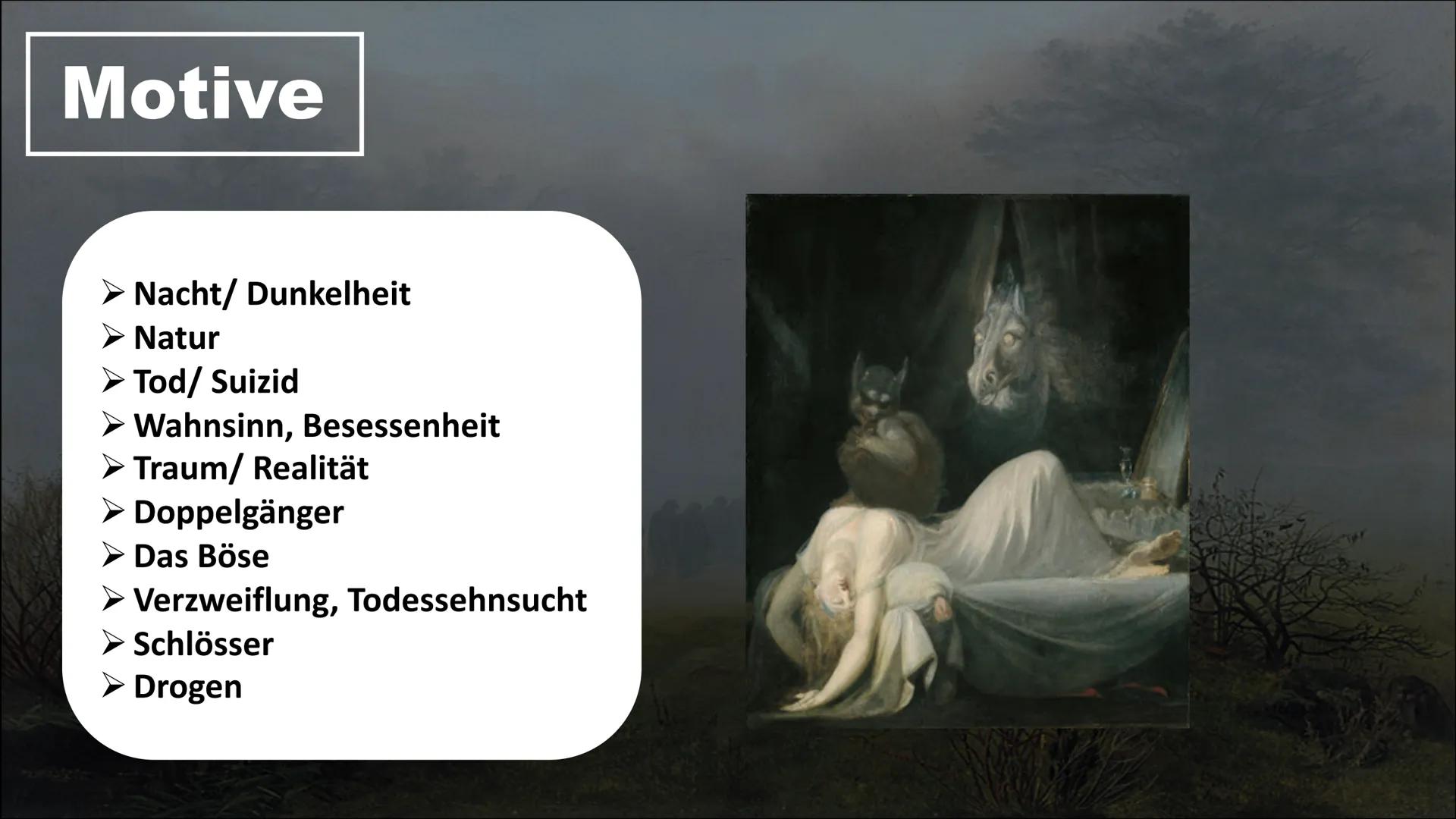 T Schwarze
Romantik
Kim Köhler
Deutsch
17.11.22 Gliederung
Allgemeine Informationen
Hintergrund
Merkmale, Motive
Vertreter
Vergleich Allgeme