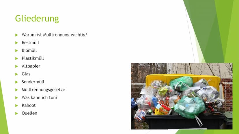Mülltrennung
Newspaper Gliederung
► Warum ist Mülltrennung wichtig?
Restmüll
Biomüll
Plastikmüll
► Altpapier
Glas
Sondermüll
►Mülltrennungsg
