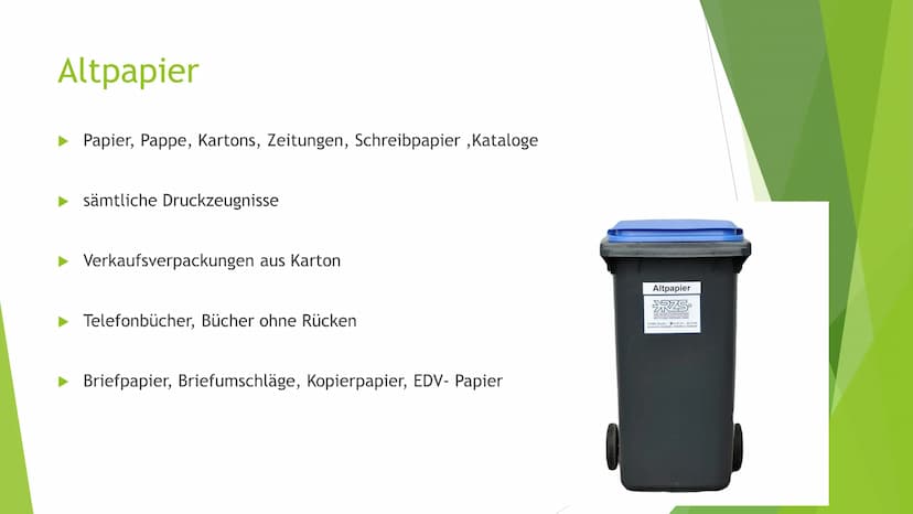Mülltrennung
Newspaper Gliederung
► Warum ist Mülltrennung wichtig?
Restmüll
Biomüll
Plastikmüll
► Altpapier
Glas
Sondermüll
►Mülltrennungsg