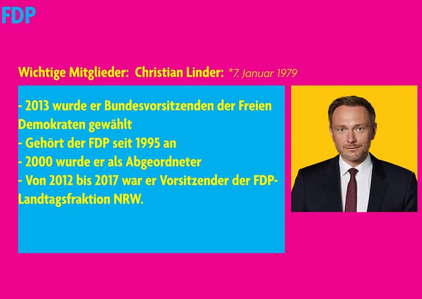 FDP
Laura&Alissa FDP
Gliederung:
1. Allgemeines
2. Geschichte
3. Wichtige Mitglieder
4. Politische Ausrichtung
5. Ziele
5.1 Wirtschaftliche 
