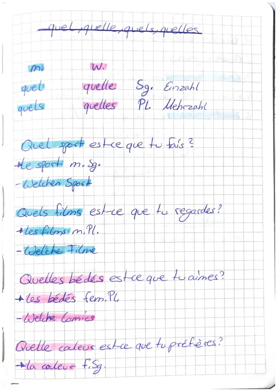 quel, quelle quels, quelles

m
W.
quel quelle Sg. Einzahl
quels quelles PL. Mehrzahl

Quel sport est-ce que tu fais?
le sport m. sg.
-Welche