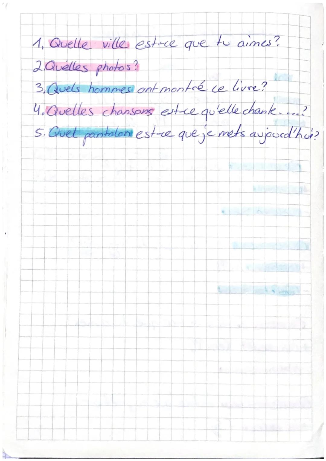 quel, quelle quels, quelles

m
W.
quel quelle Sg. Einzahl
quels quelles PL. Mehrzahl

Quel sport est-ce que tu fais?
le sport m. sg.
-Welche