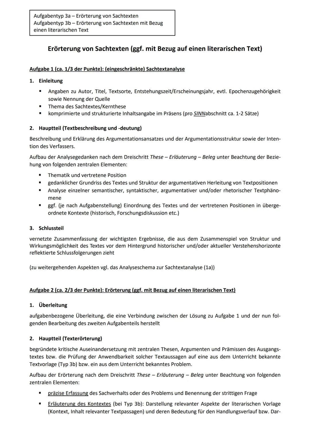 Aufgabentyp 3a - Erörterung von Sachtexten
Aufgabentyp 3b - Erörterung von Sachtexten mit Bezug
einen literarischen Text
Aufgabe 1 (ca. 1/3 
