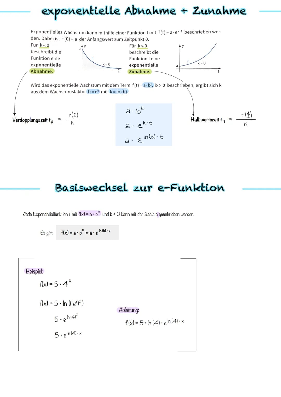 A:
e-Funktion - Die e-Funktion stimmt mit ihrer Ableitung überein: f(x) = e* mit f'(x) = ex
- Die Exponentialfunktion f(x) = ex wird e-Funkt