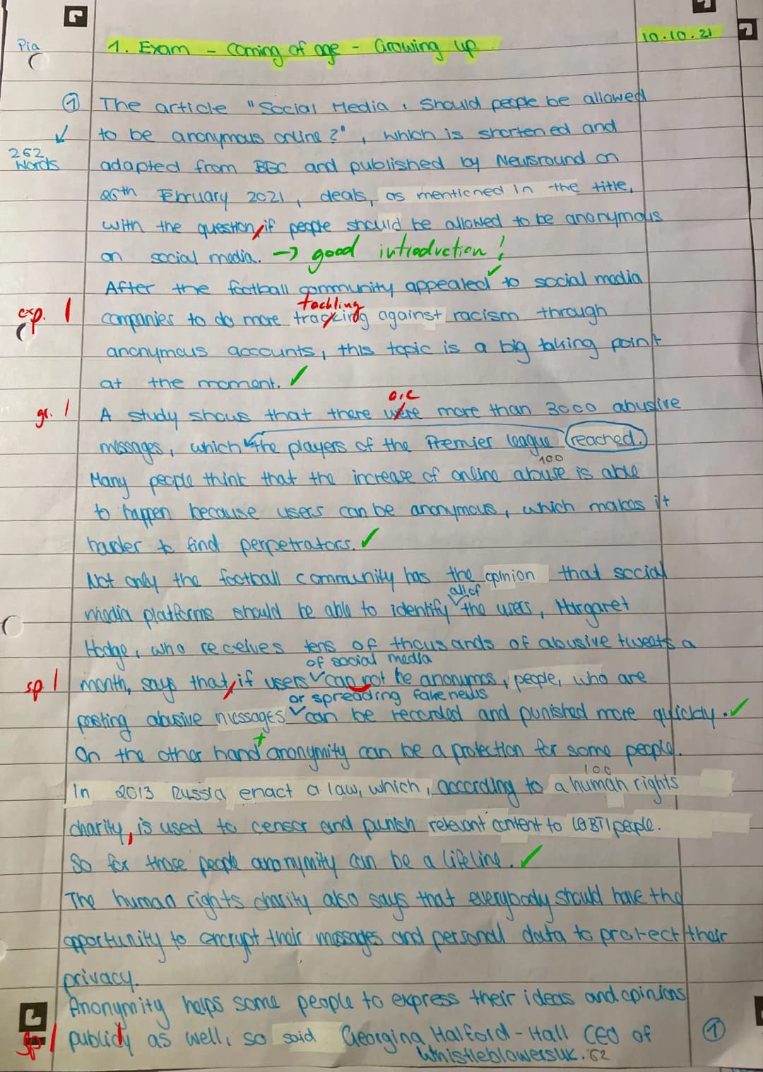 6th October 2021
Name:
First Exam - Coming of Age - Growing Up
1. Half-year 21/22
Social Media: Should people be allowed to be anonymous
onl
