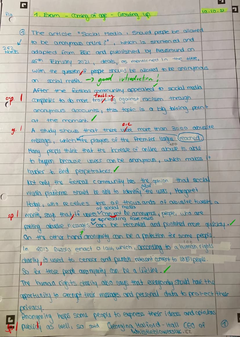 6th October 2021
Name:
First Exam - Coming of Age - Growing Up
1. Half-year 21/22
Social Media: Should people be allowed to be anonymous
onl