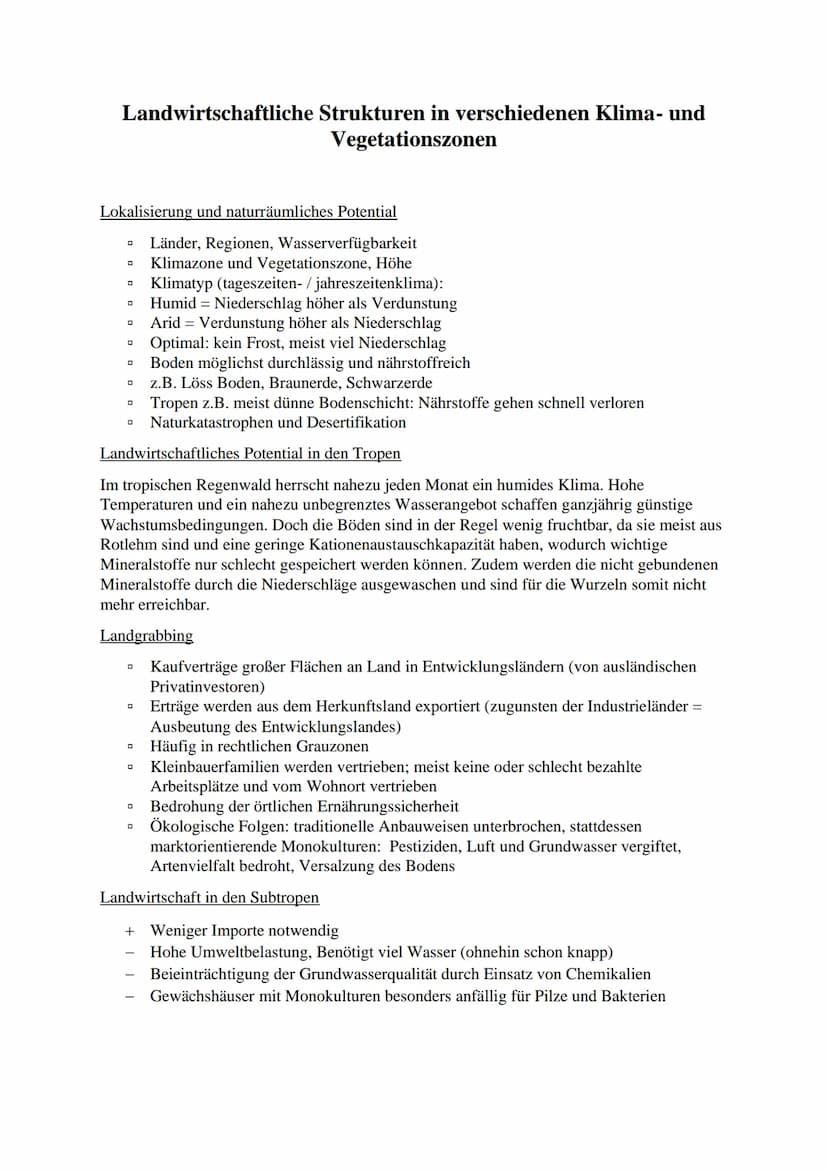 Themen:
Erdkunde Lernzettel
Landwirtschaftliche Strukturen in verschiedenen Klima- und
Vegetationszonen:
In den Tropen (Vor Hintergrund der 