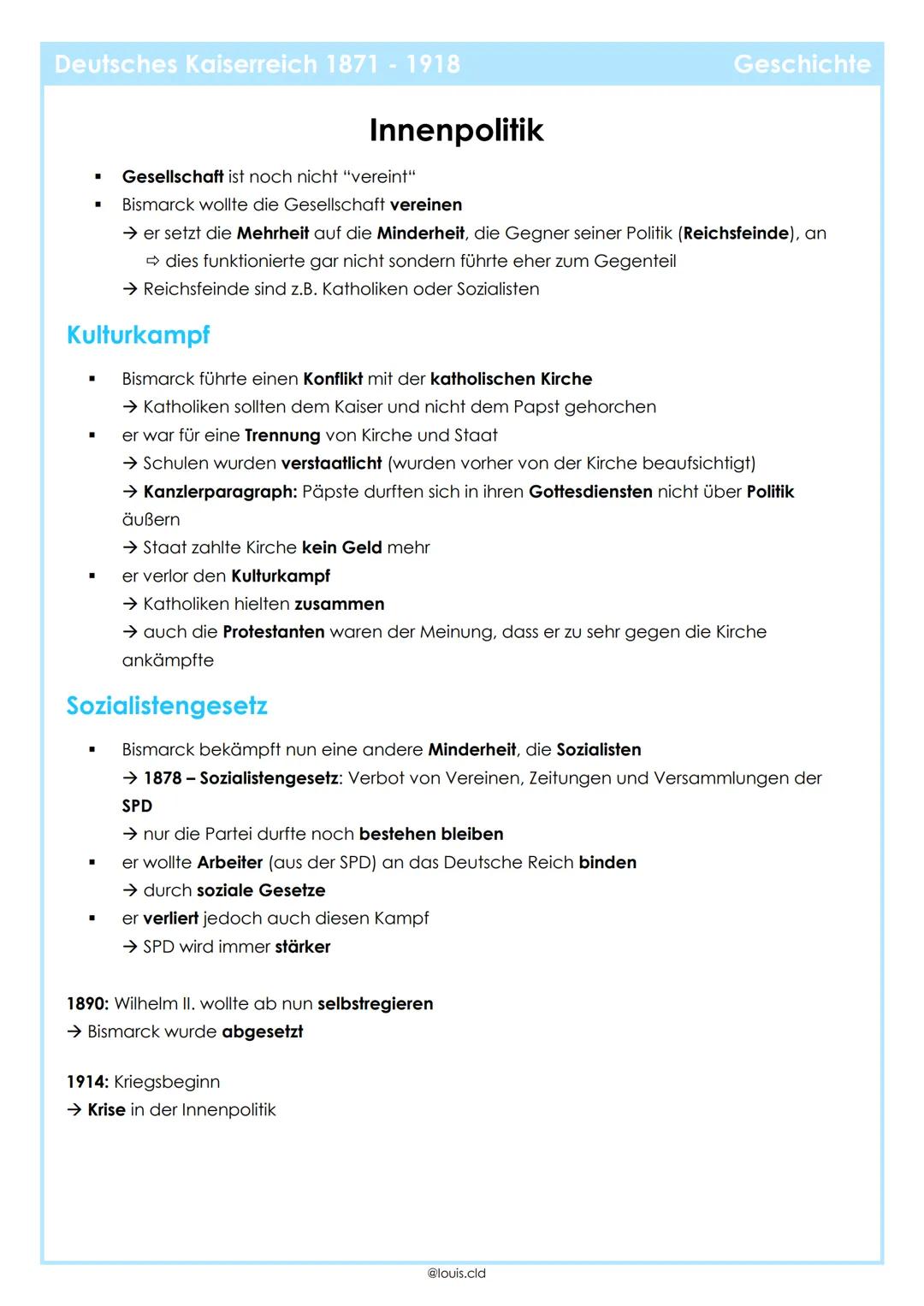 Deutsches Kaiserreich 1871 - 1918

Innenpolitik

- Gesellschaft ist noch nicht "vereint"
- Bismarck wollte die Gesellschaft vereinen
  → er 