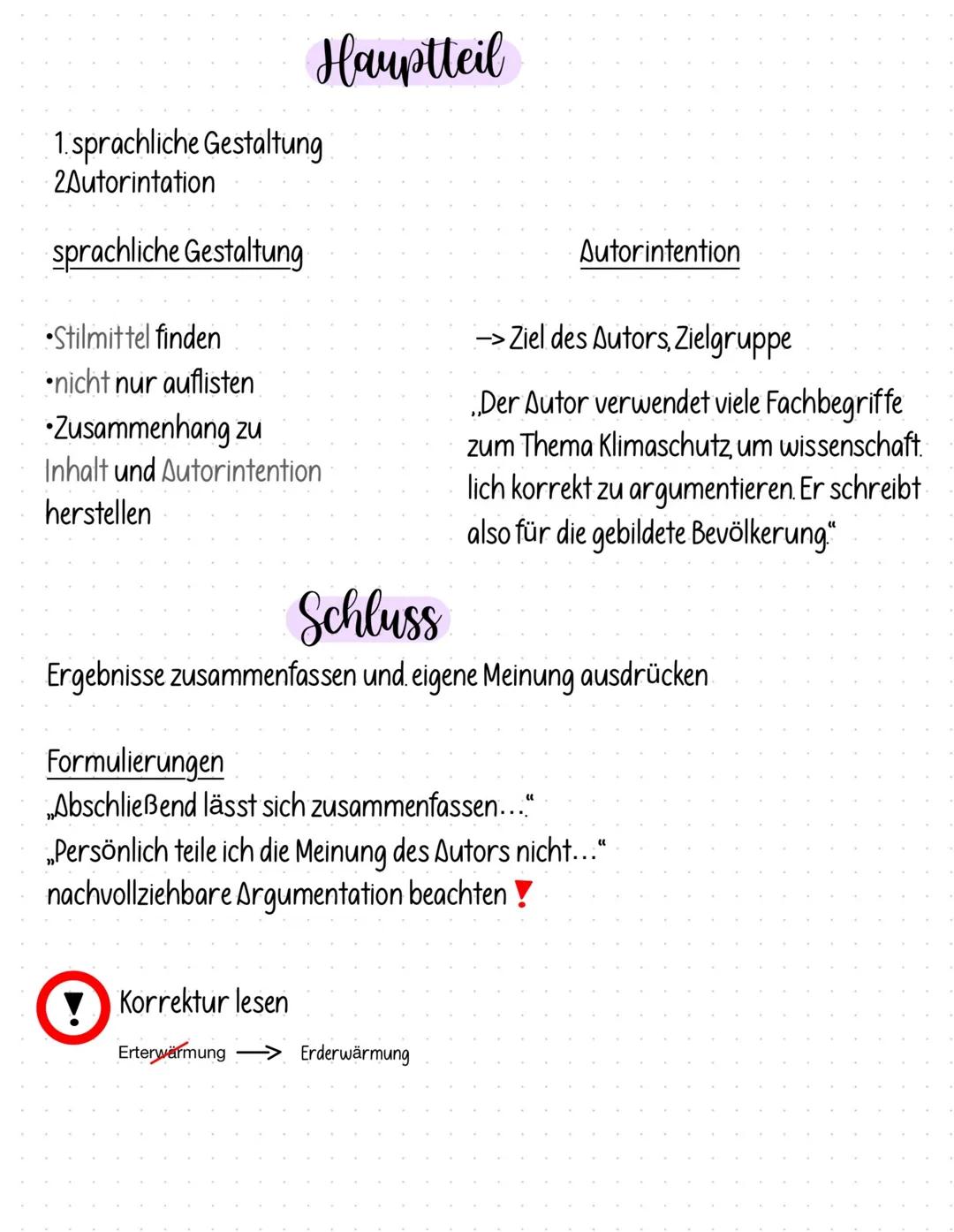 Hauptteil
1. sprachliche Gestaltung
2Autorintation
sprachliche Gestaltung
•Stilmittel finden
•nicht nur auflisten
Zusammenhang zu
Inhalt und