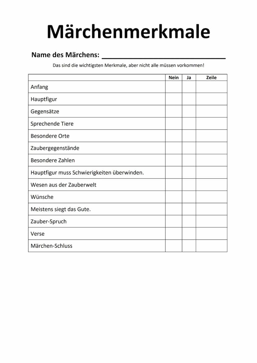 Märchenmerkmale
Das sind die wichtigsten Merkmale, aber nicht alle müssen vorkommen!
,,Es war einmal ...
muss Schwierigkeiten überwinden ode