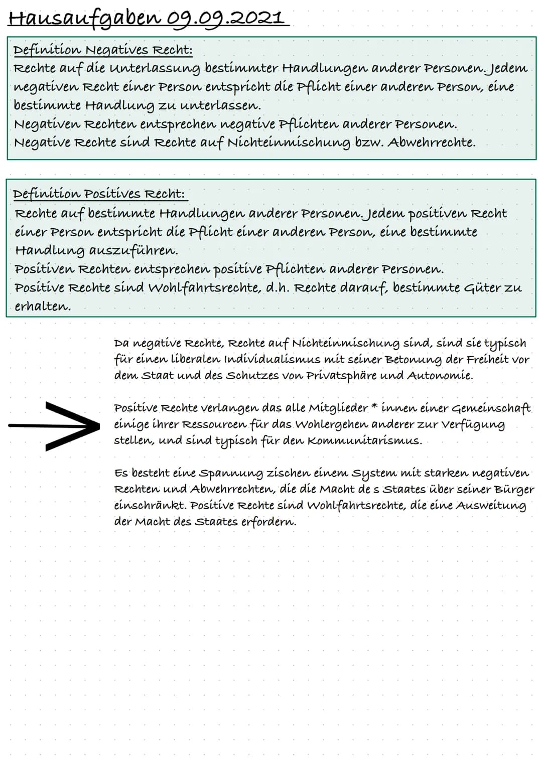 Hausaufgaben 09.09.2021
Definition Negatives Recht:
Rechte auf die unterlassung bestimmter Handlungen anderer Personen. Jedem.
negativen Rec