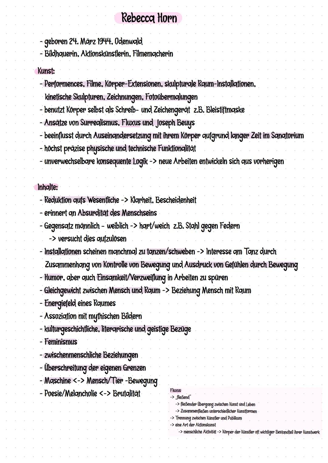 # Rebecca Horn

- geboren 24. März 1944, Odenwald
- Bildhquerin, Aktionskünstlerin, Filmemacherin

Kunst:
- Performences, Filme, Körper-Exte