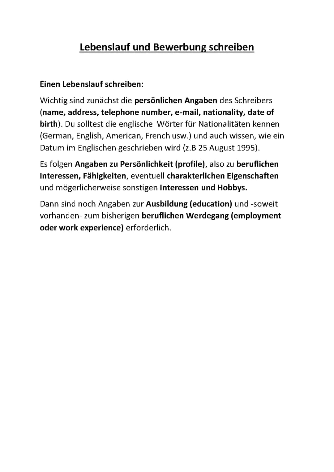 Lebenslauf und Bewerbung auf Englisch schreiben