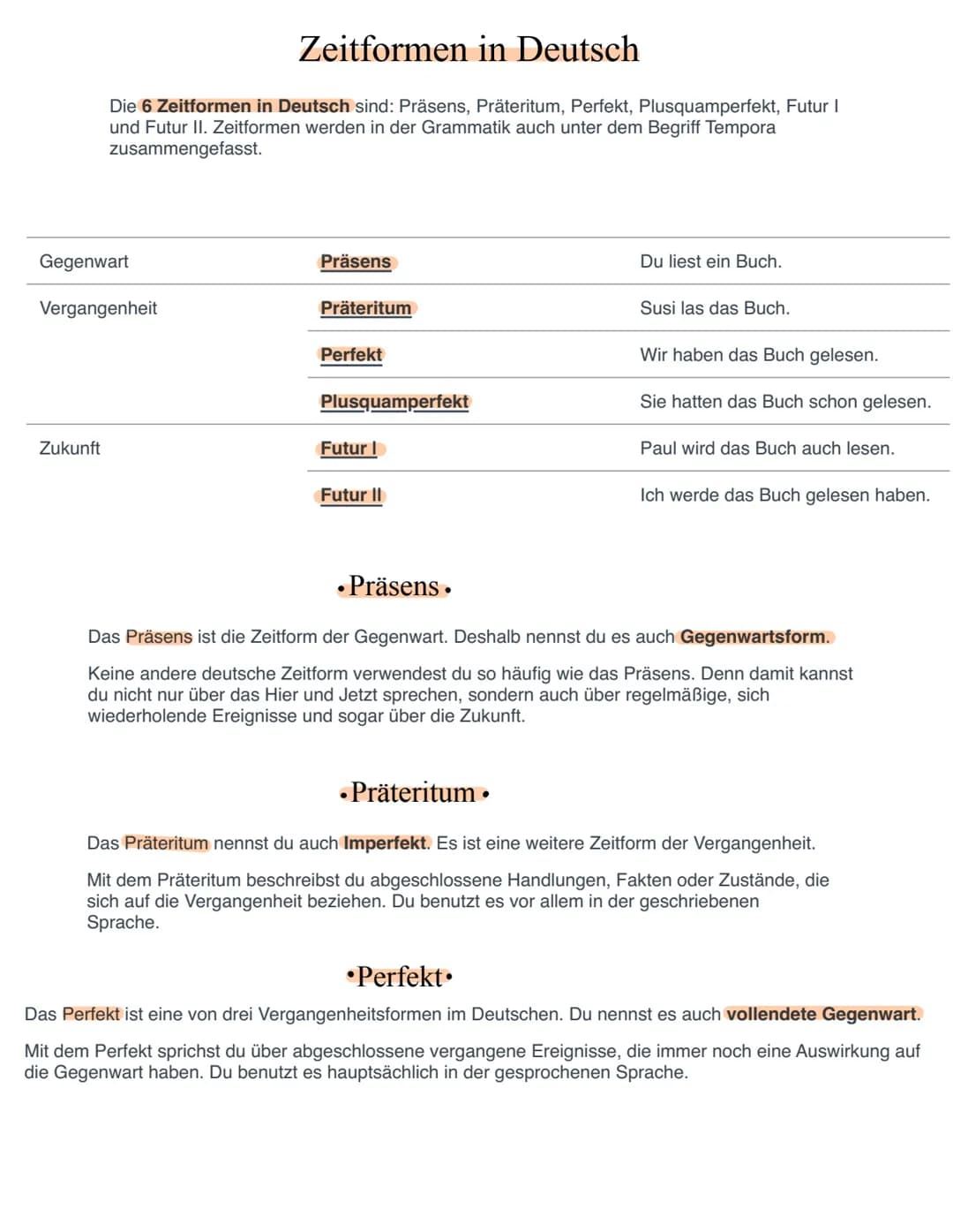 Zeitformen in Deutsch
Die 6 Zeitformen in Deutsch sind: Präsens, Präteritum, Perfekt, Plusquamperfekt, Futur I
und Futur II. Zeitformen werd
