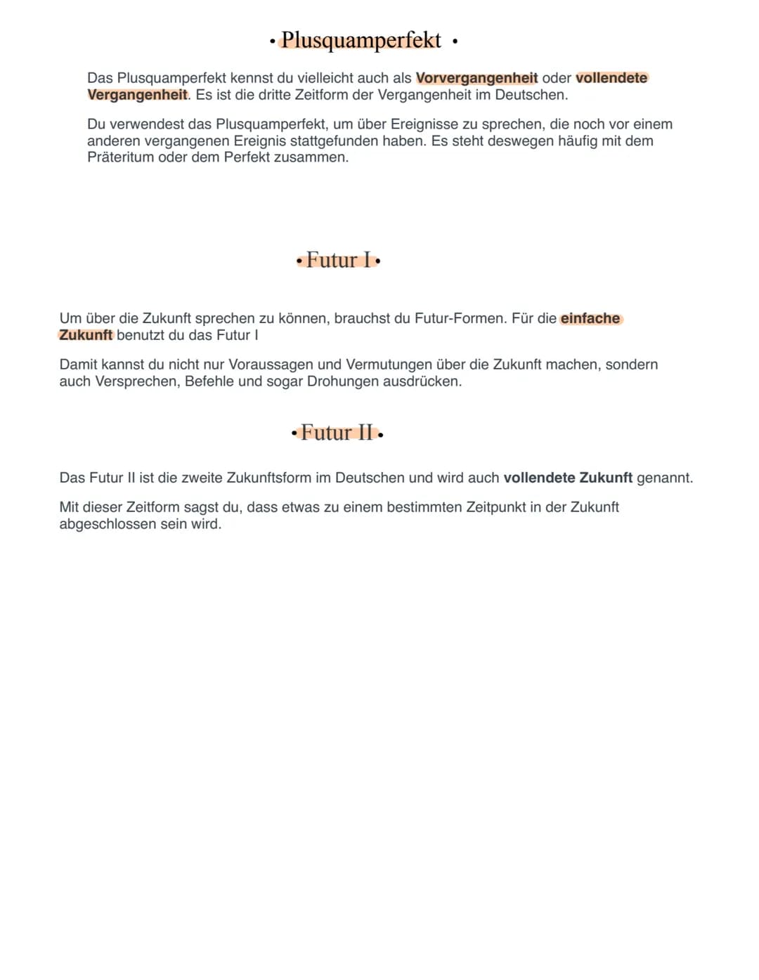Zeitformen in Deutsch
Die 6 Zeitformen in Deutsch sind: Präsens, Präteritum, Perfekt, Plusquamperfekt, Futur I
und Futur II. Zeitformen werd