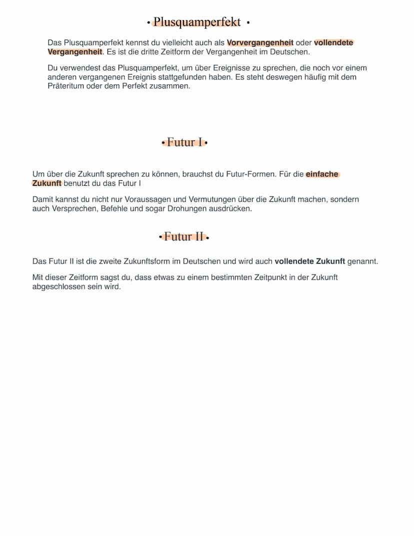 Zeitformen in Deutsch
Die 6 Zeitformen in Deutsch sind: Präsens, Präteritum, Perfekt, Plusquamperfekt, Futur I
und Futur II. Zeitformen werd