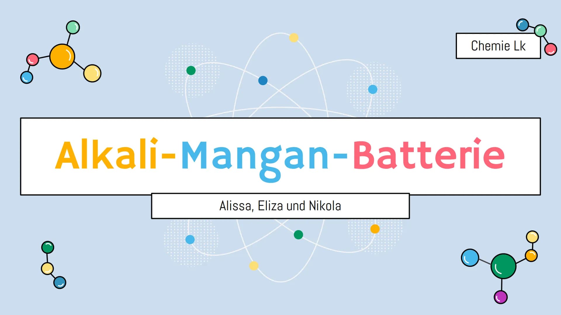 o
Chemie Lk
Alkali-Mangan-Batterie
Alissa, Eliza und Nikola Gliederung
OI
Grundlagen
Schematischer Aufbau, Reaktion
03
Alltagsnutzung
Vor- &