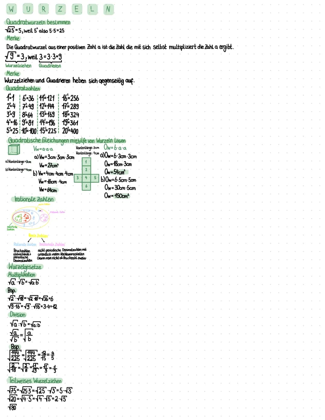 WURZELN
Quadratwurzeln bestimmen
√25=5, weil 5° also 5.5=25
Merke
Die Quadratwurzel aus einer positiven Zahl a ist die Zahl die mit sich sel