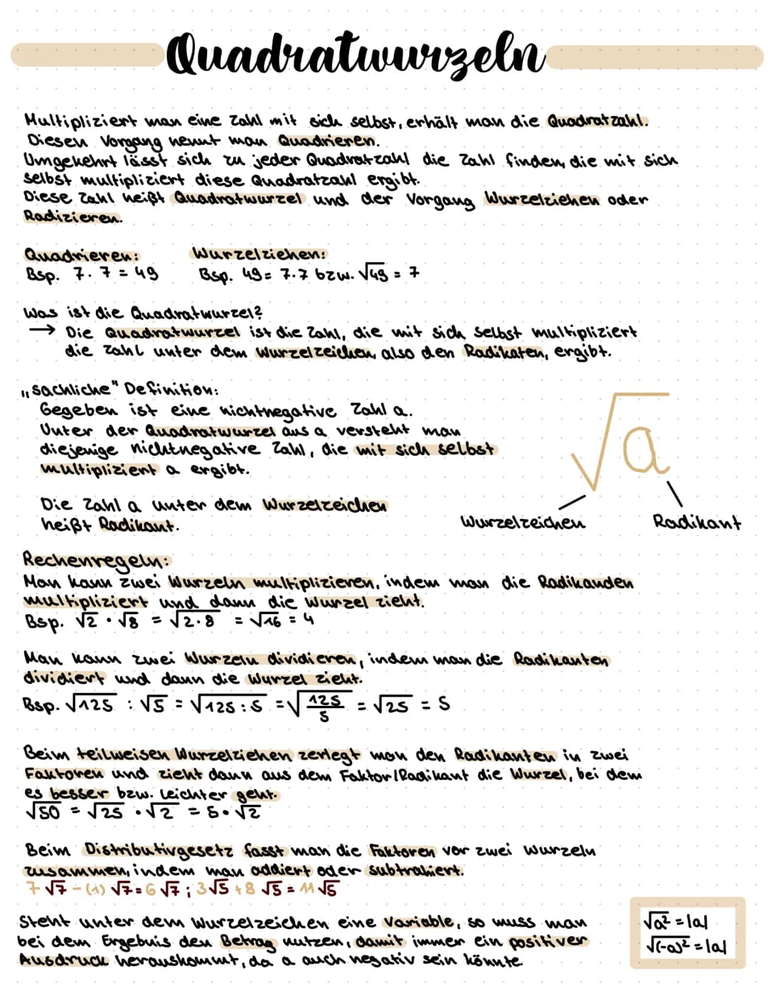 Quadratwurzeln
Multipliziert man eine Zahl mit sich selbst, erhält man die Quadratzahl.
Diesen Vorgang nennt man Quadrieren.
Umgekehrt lässt