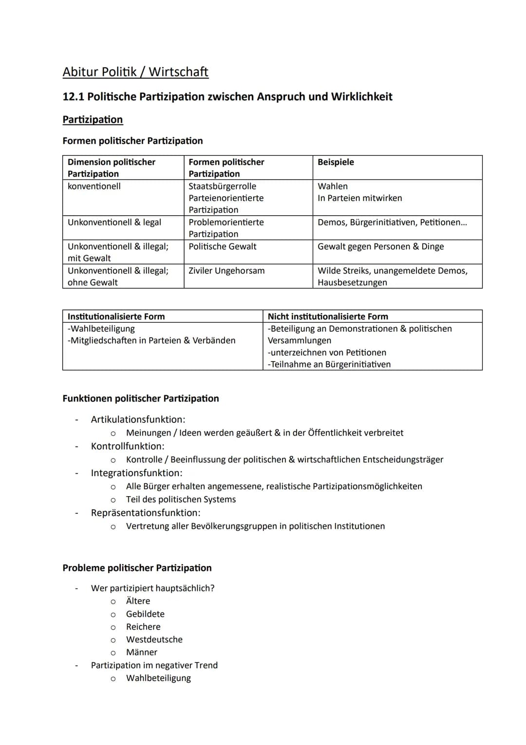 Abitur Politik/Wirtschaft
12.1 Politische Partizipation zwischen Anspruch und Wirklichkeit
Partizipation
Formen politischer Partizipation
Di