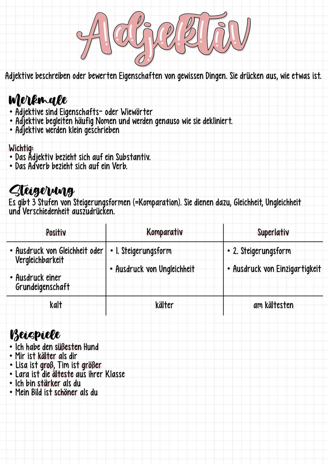 Adjektive beschreiben oder bewerten Eigenschaften von gewissen Dingen. Sie drücken aus, wie etwas ist.
Merkmale
Adjektive sind Eigenschafts-