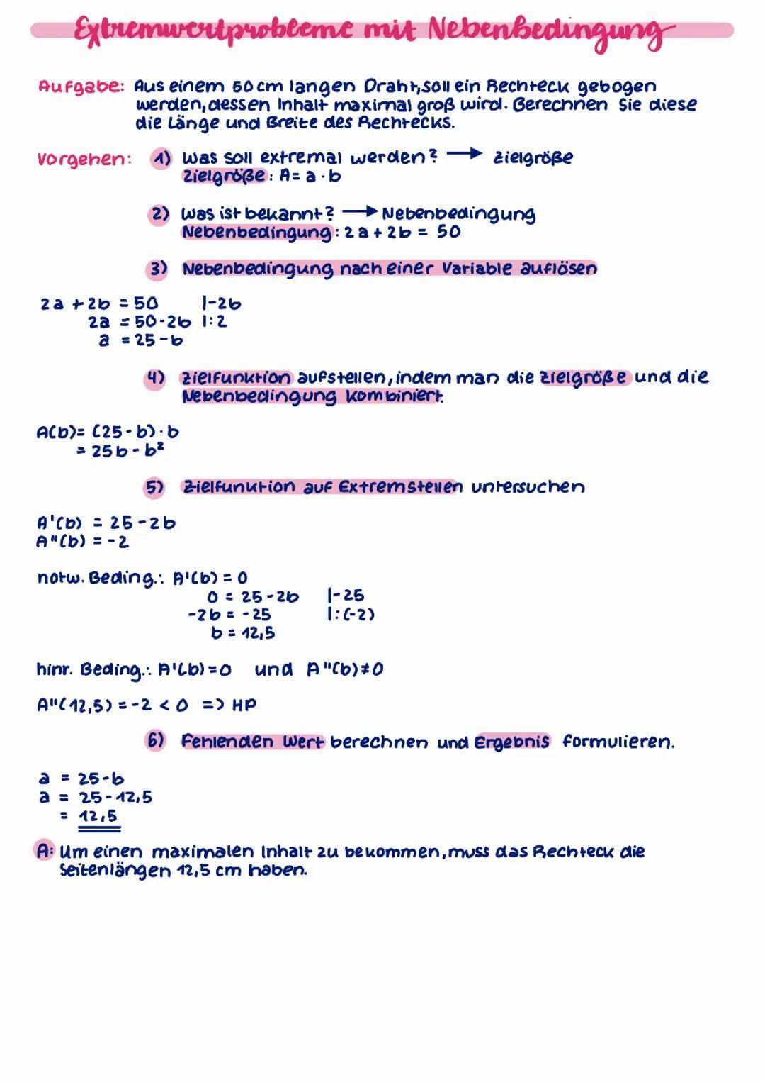 Extremwertaufgaben mit Lösungen und Nebenbedingungen PDF - Klasse 9 & 11