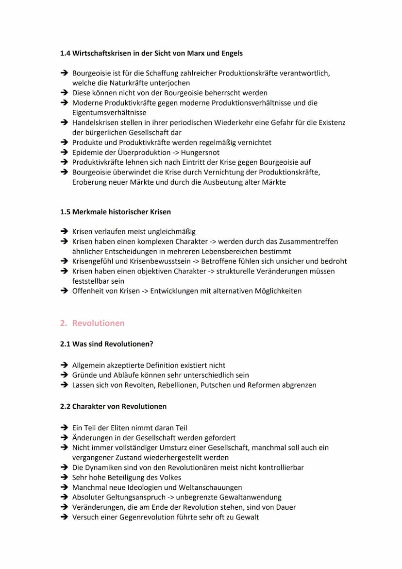 Krisen, Umbrüche und Revolutionen
1. Krisen
→ Wird heute als Entwicklung verstanden, in der Störungen, Widersprüche oder
Konflikte auftreten