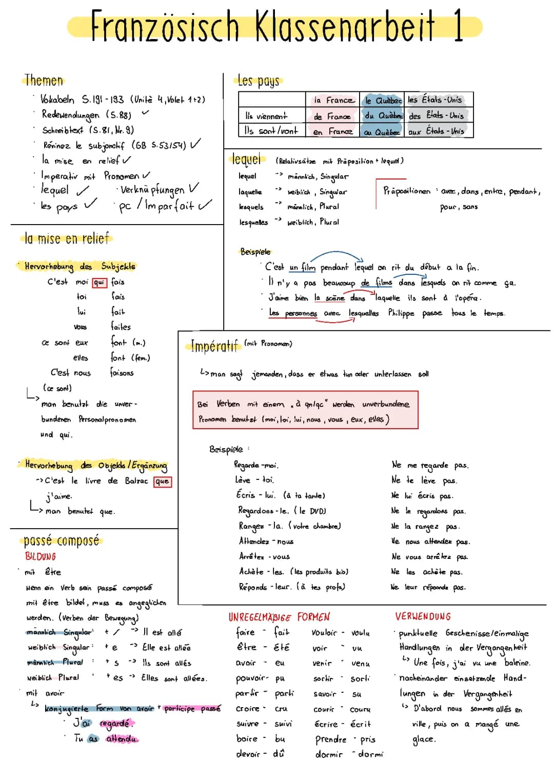 Zusammenfassung verschiedener französischer Grammatiken. - lequel/laquelle/lesquels/lesquelles - la mise en relief - Imperativ mit Pronomen  - passé compose  - imparfait - Signalwörter - la subjonctif  - Verknüpfungen