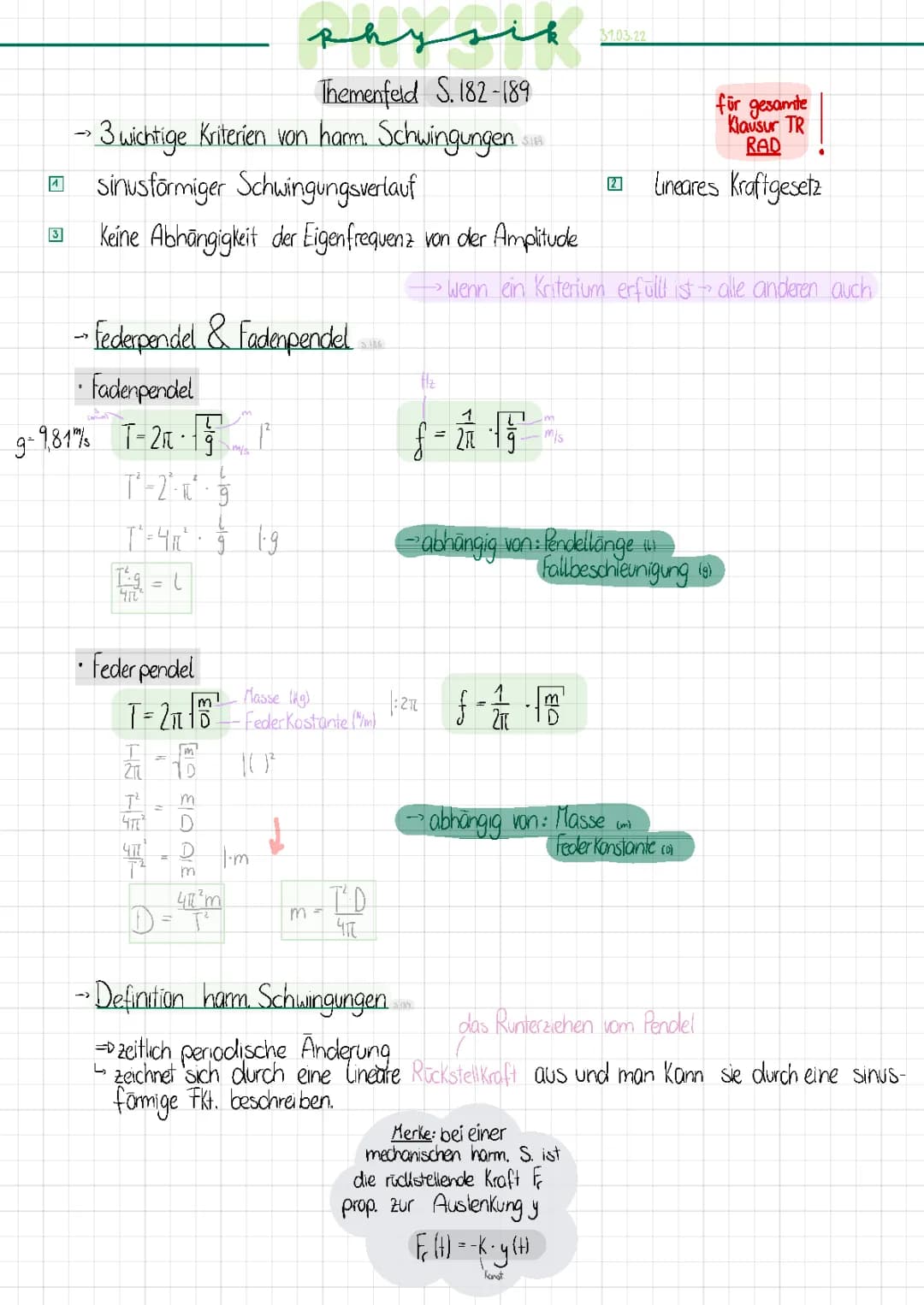 Physik lernzettel Q2 Schwingungen 