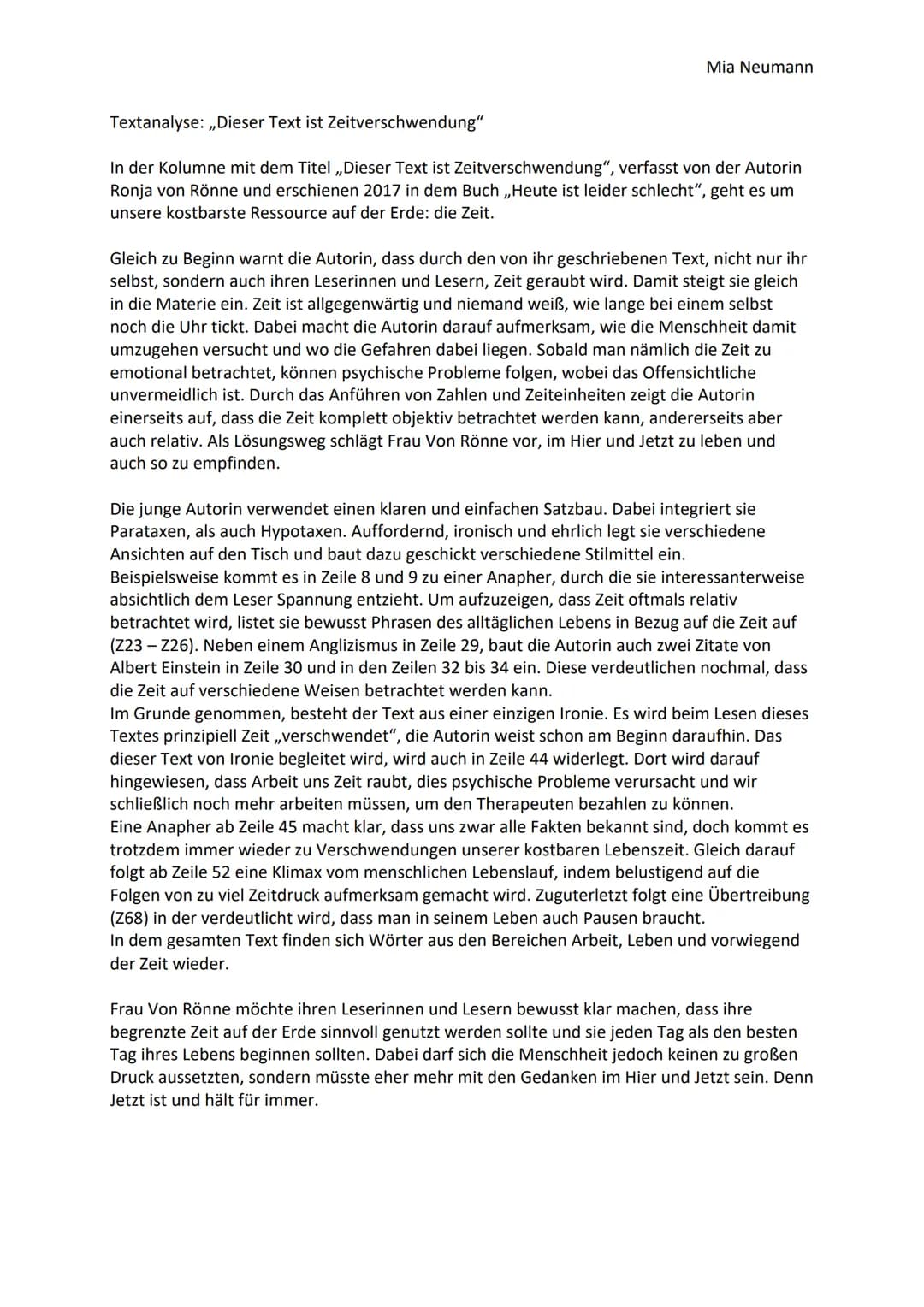 Mia Neumann
Textanalyse: ,,Dieser Text ist Zeitverschwendung"
In der Kolumne mit dem Titel ,,Dieser Text ist Zeitverschwendung", verfasst vo