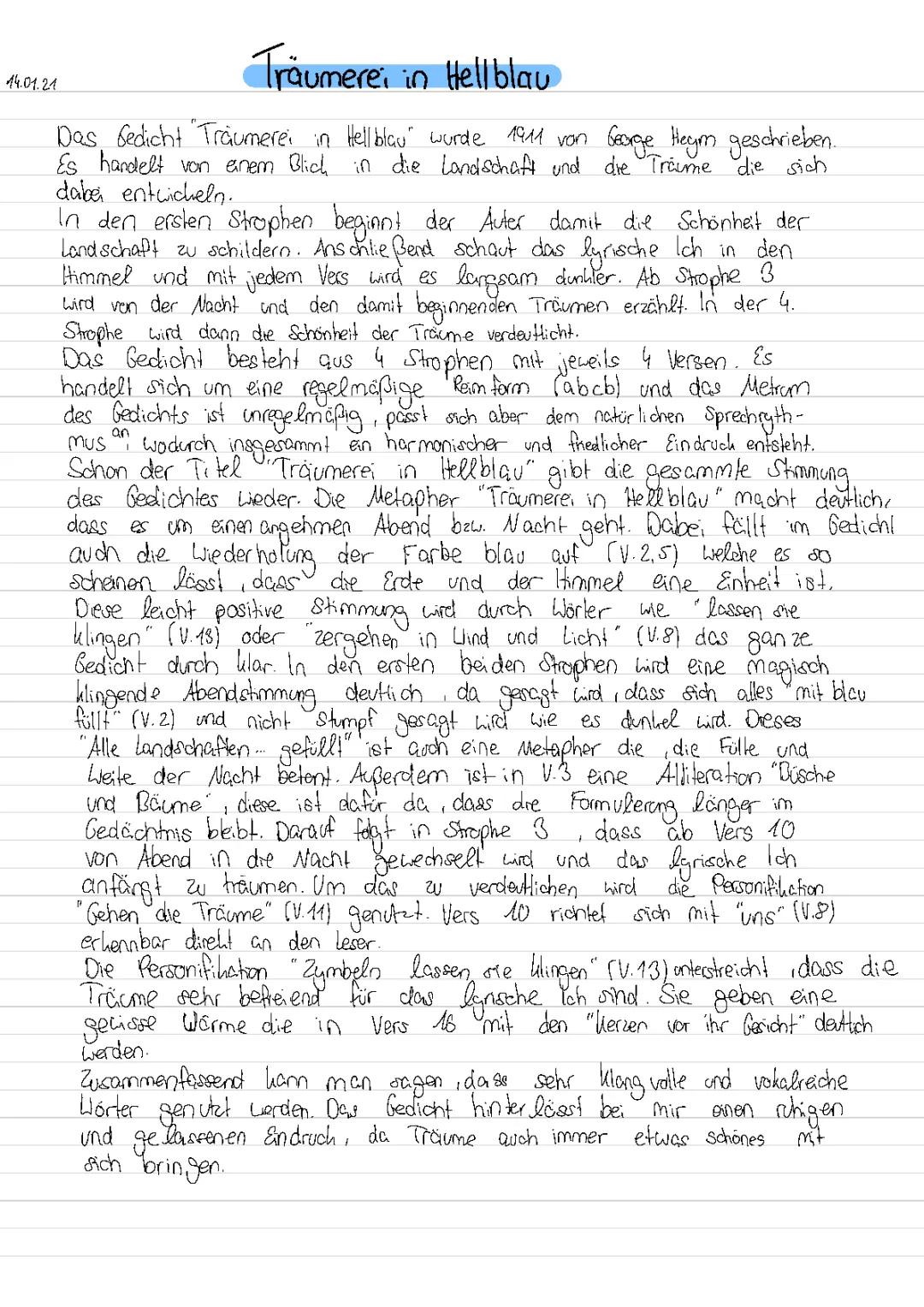 Träumerei in Hellblau Gedicht Analyse und Interpretation