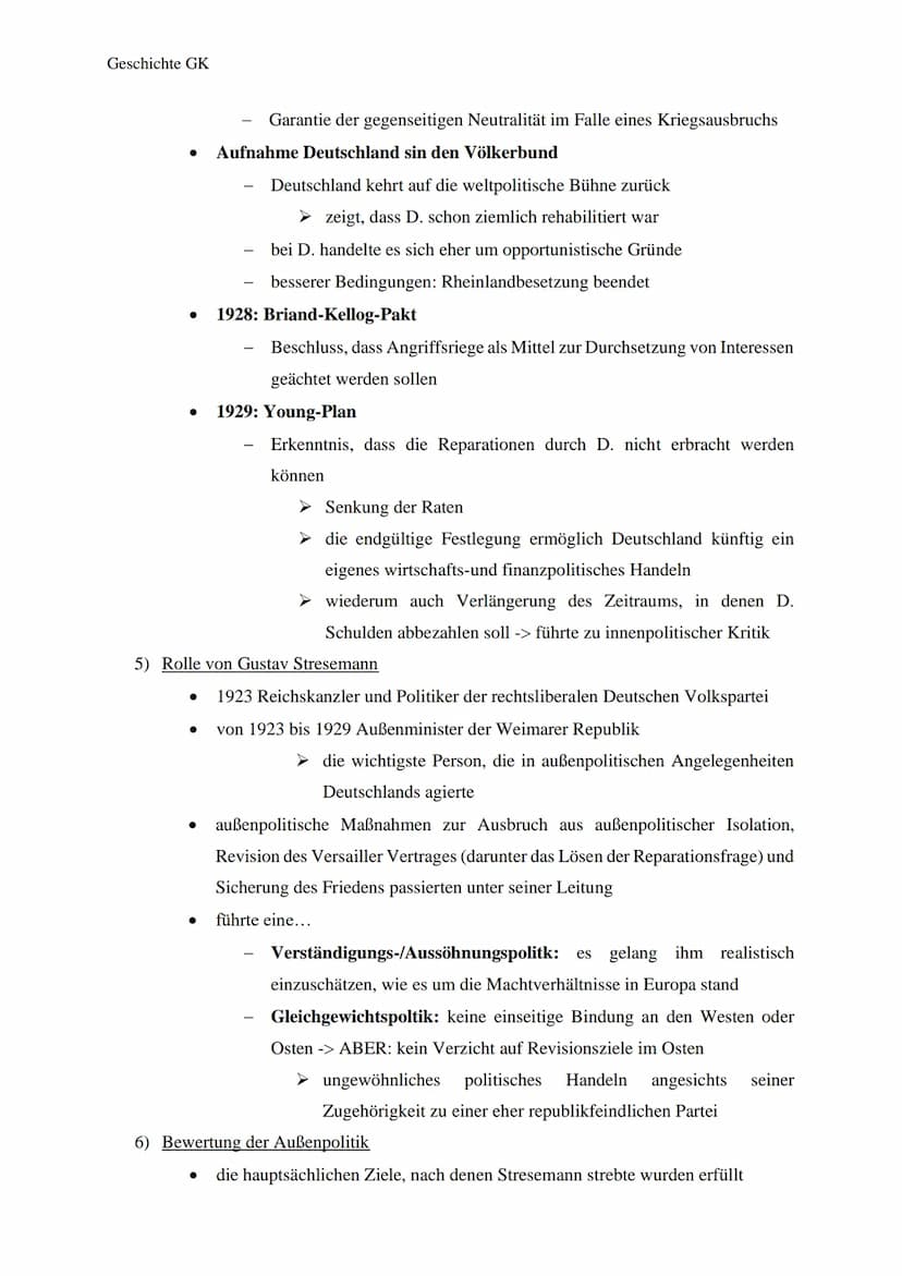Geschichte GK
Thema: Außenpolitik der Weimarer Republik
1) Ausgangslage
●
●
Geschichtsklausur Nr. 4
durch die Bestimmungen des Versailler Ve
