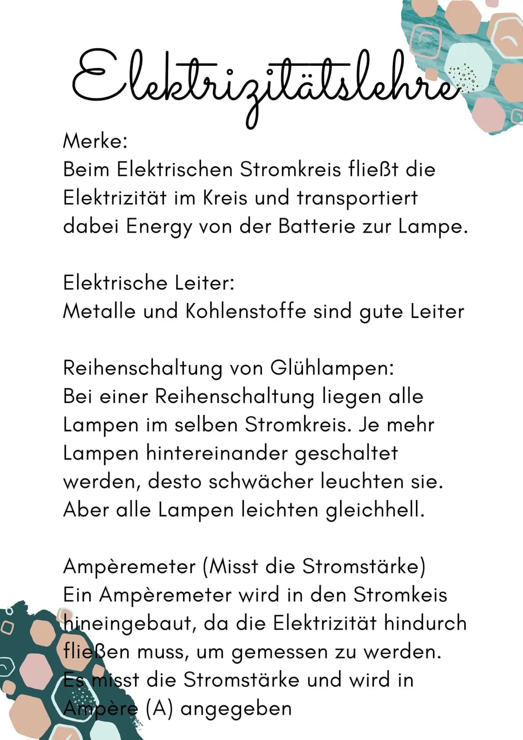 Elektrizitätslehre
Merke:
Beim Elektrischen Stromkreis fließt die
Elektrizität im Kreis und transportiert
dabei Energy von der Batterie zur 