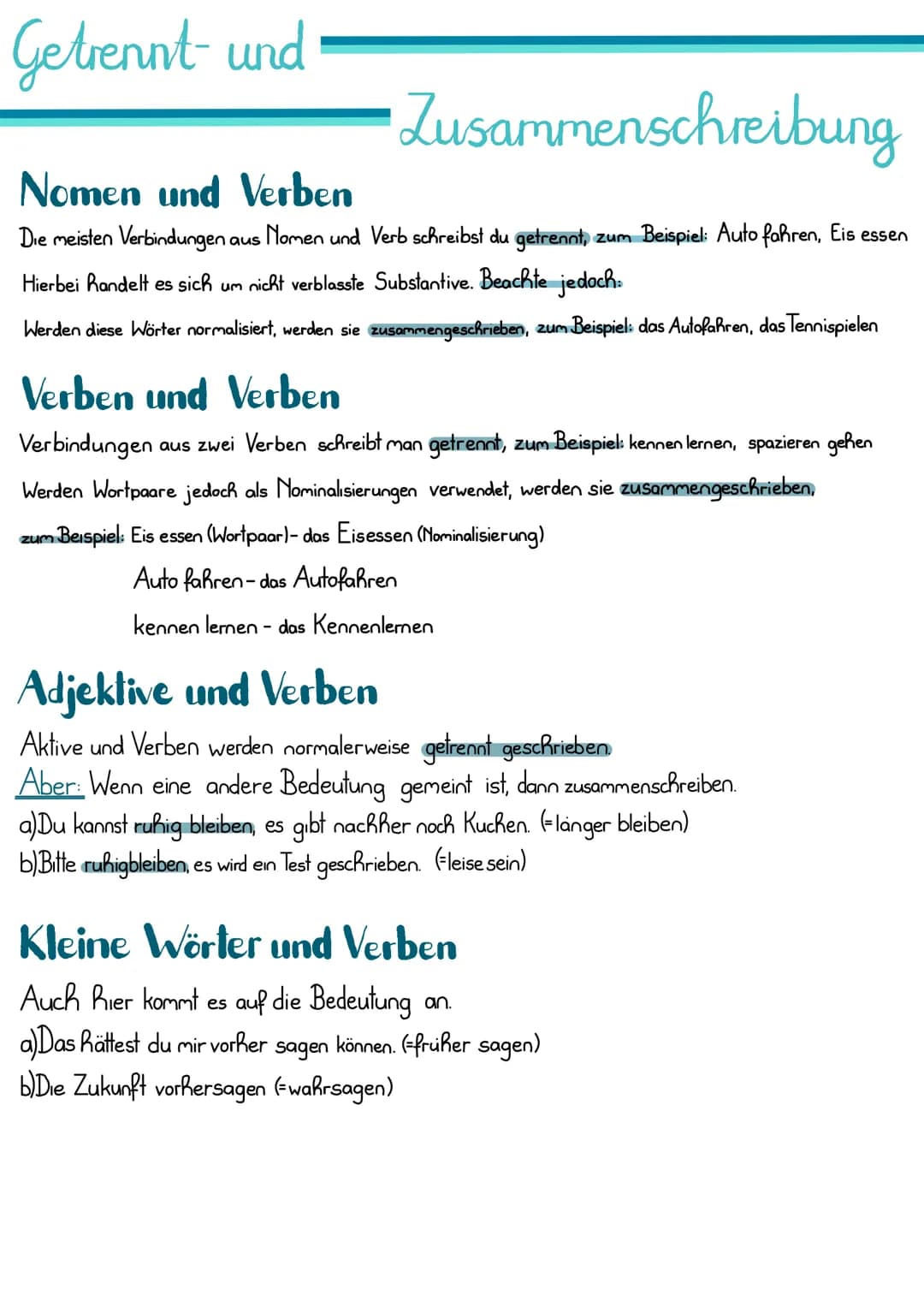 Getrennt- und
Zusammenschreibung
Nomen und Verben
Die meisten Verbindungen aus Nomen und Verb schreibst du getrennt, zum Beispiel: Auto fahr