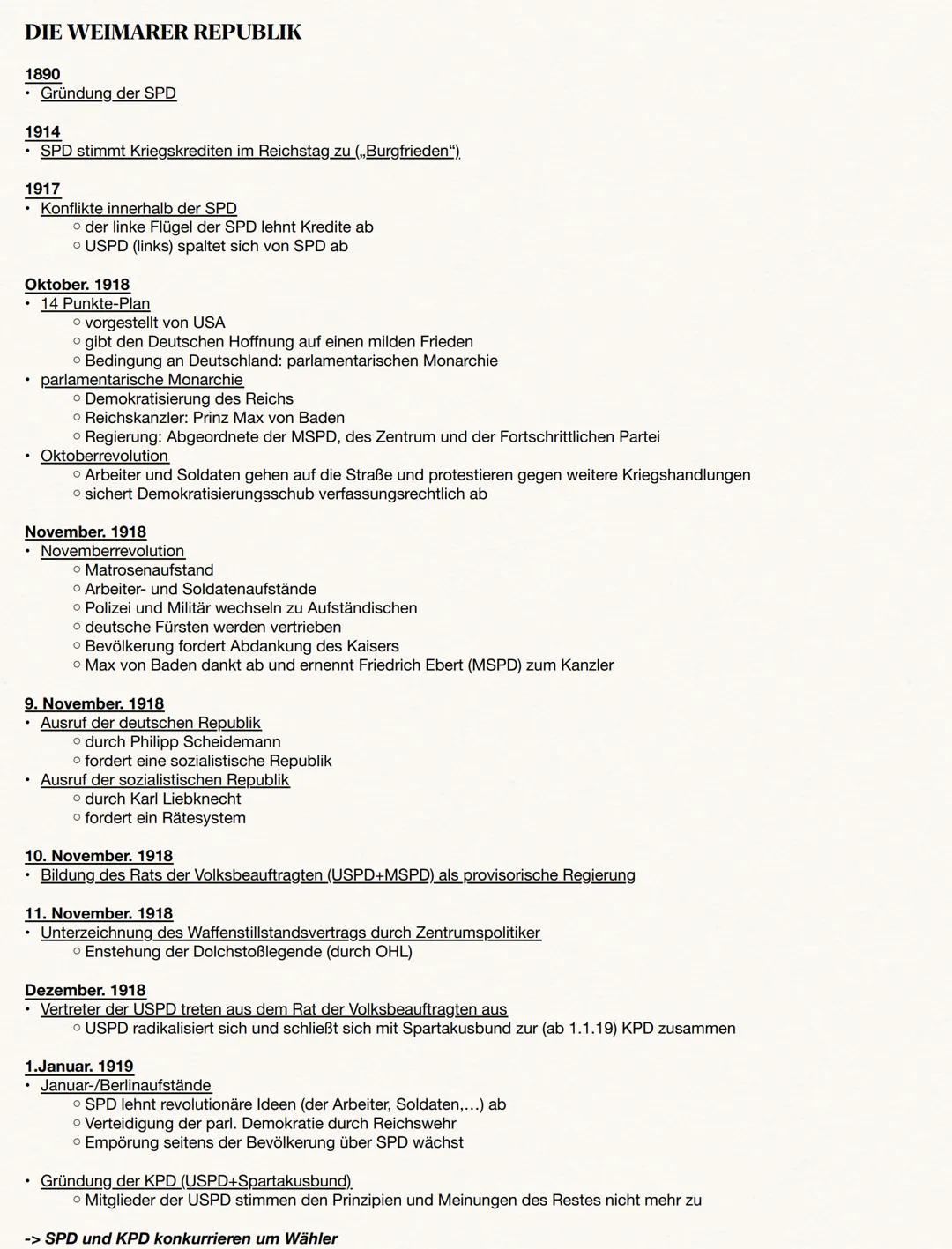 DIE WEIMARER REPUBLIK
1890
• Gründung der SPD
1914
SPD stimmt Kriegskrediten im Reichstag zu (,,Burgfrieden").
1917
• Konflikte innerhalb de
