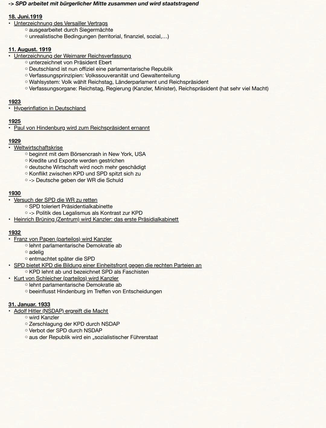 DIE WEIMARER REPUBLIK
1890
• Gründung der SPD
1914
SPD stimmt Kriegskrediten im Reichstag zu (,,Burgfrieden").
1917
• Konflikte innerhalb de