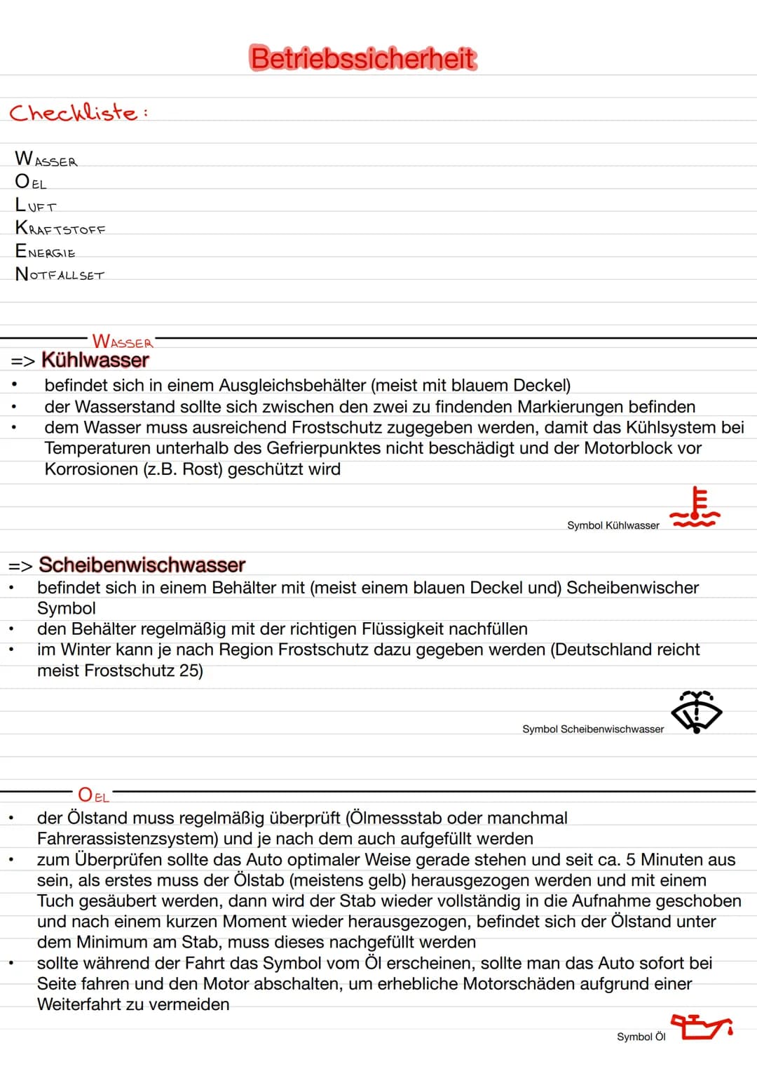 Checkliste:
WASSER
O EL
LUFT
KRAFTSTOFF
ENERGIE
NOTFALLSET
WASSER
=> Kühlwasser
●
●
.
Betriebssicherheit
befindet sich in einem Ausgleichsbe