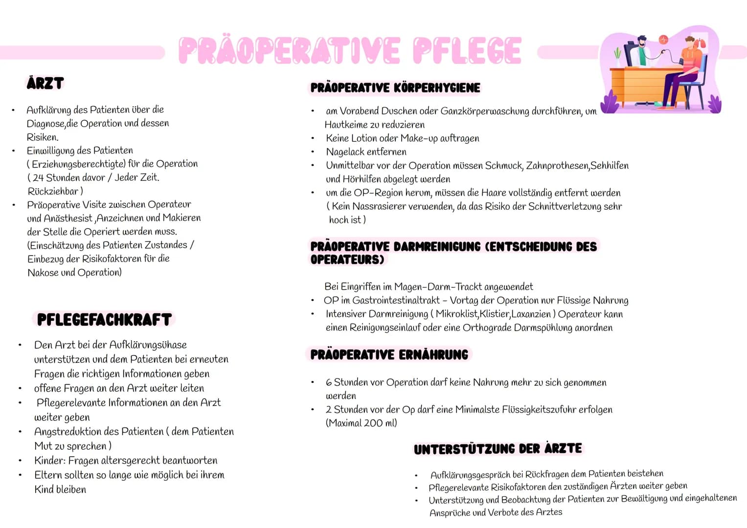 .
ÄRZT
Aufklärung des Patienten über die
Diagnose,die Operation und dessen
Risiken.
PRÄOPERATIVE PFLEGE
Einwilligung des Patienten
(Erziehun