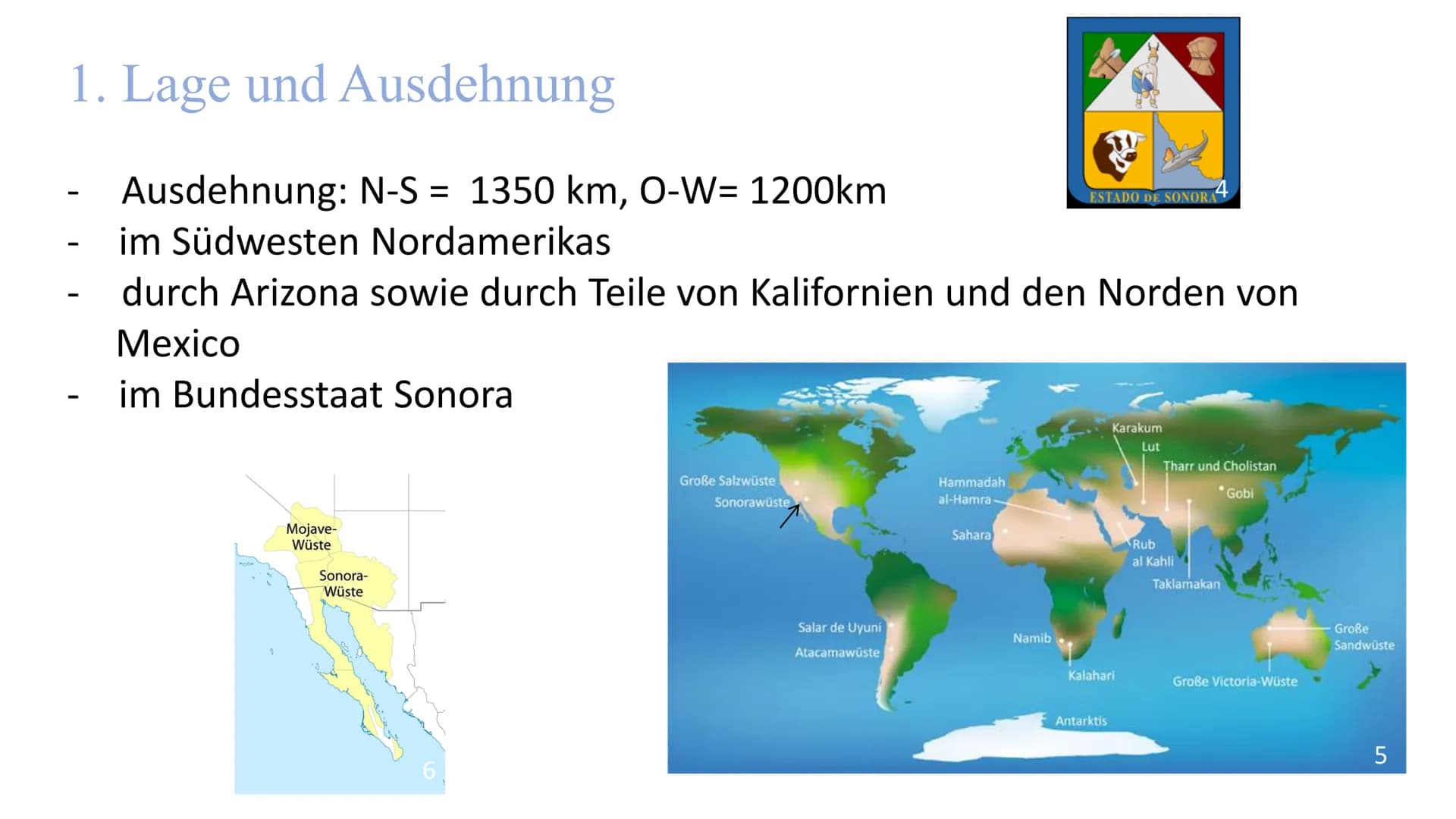 
<h2 id="lageundausdehnung">Lage und Ausdehnung</h2>
<p>Die Sonora-Wüste erstreckt sich über eine Fläche von 1350 km von Norden nach Süden u