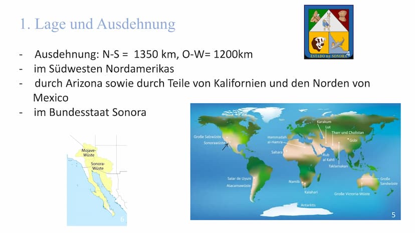 
<h2 id="lageundausdehnung">Lage und Ausdehnung</h2>
<p>Die Sonora-Wüste erstreckt sich über eine Fläche von 1350 km von Norden nach Süden u