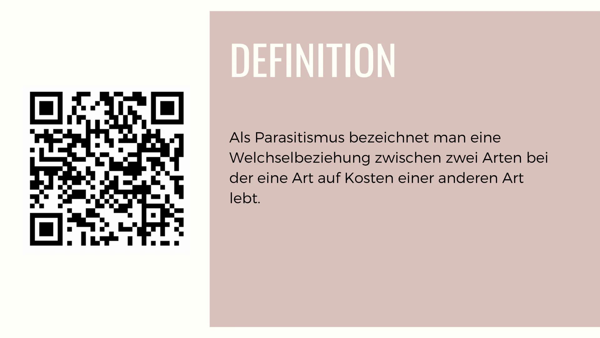 
<h2 id="definition">Definition</h2>
<p>Parasitismus bezeichnet eine Wechselbeziehung zwischen zwei Arten, bei der eine Art auf Kosten einer