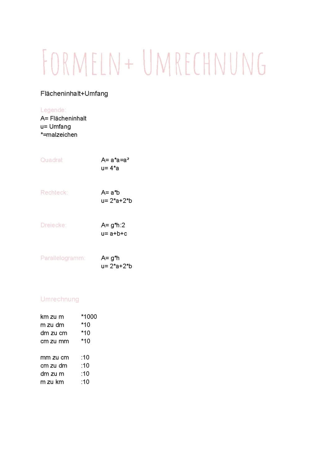 Formeln Flächeninhalt+Umfang und Umrechnung