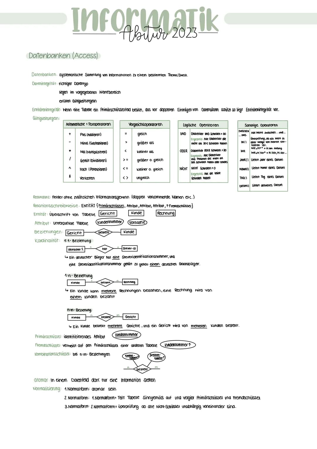 Datenbanken (Access)
Datenbanken systematische Sammlung von Informationen zu einem bestimmten Thema/Zweck.
Datenintegrität: richtiger Datent