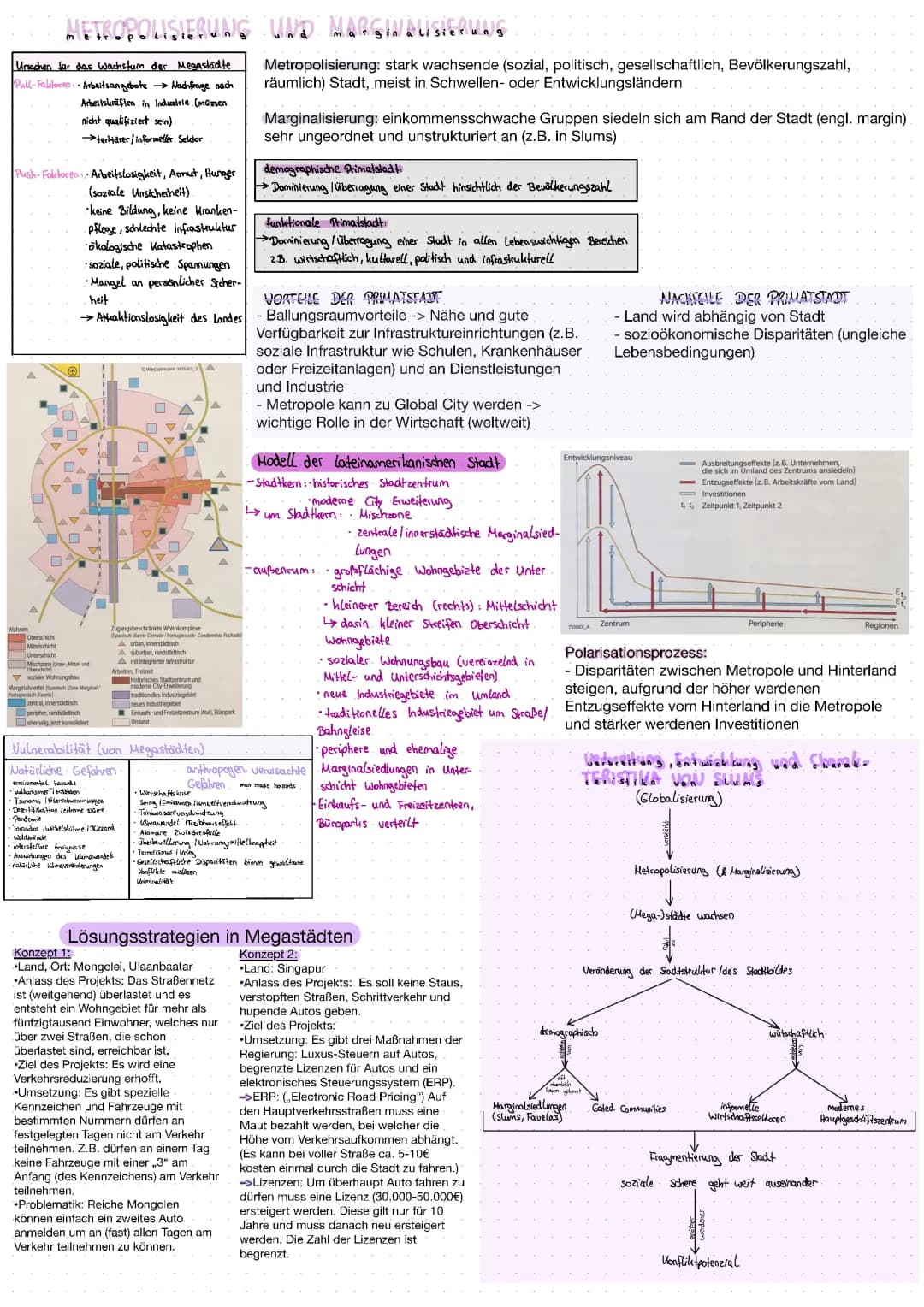 Metropolisierung, Marginalisierung, Megastadt, Primatstadt, Polarisation, Slums