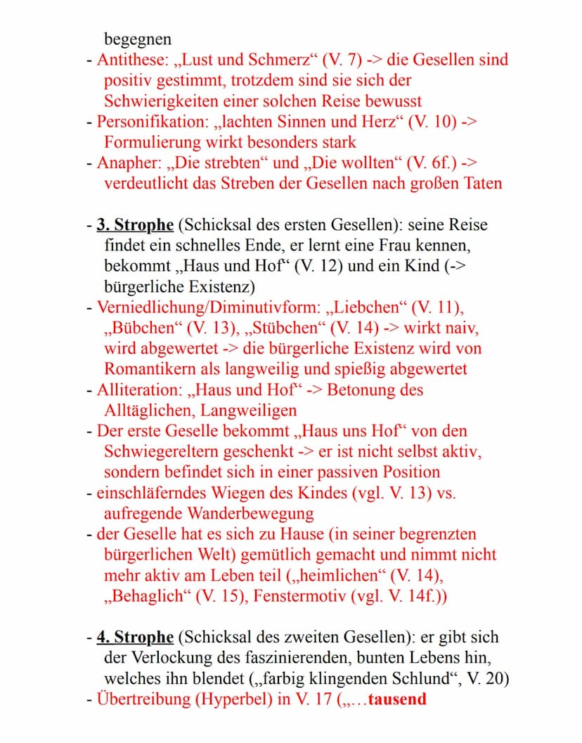 Joseph von Eichendorff:
Die zwei Gesellen
Aufbau 6 Strophen, 30 Verse
17 wirkt dynamischer
a Es zogen zwei rüst'ge Gesellen
bzum ersten Mal 