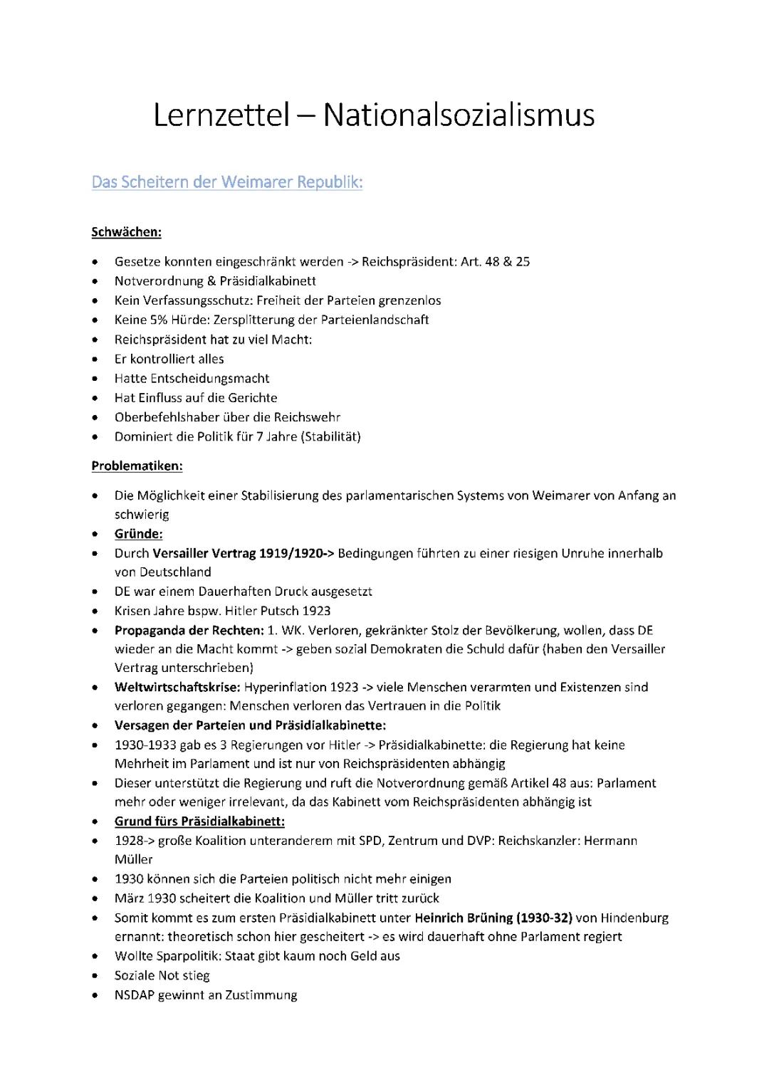 Gründe für das Scheitern der Weimarer Republik: Zusammenfassung und Mindmap