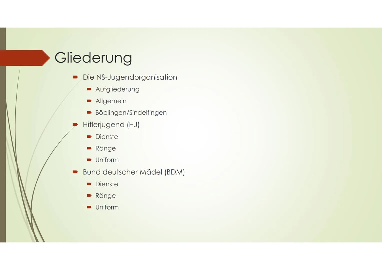 Die Hitlerjugend &
Der Bund deutscher Mädel Gliederung
➡ Die NS-Jugendorganisation
Aufgliederung
➡ Allgemein
➡ Böblingen/Sindelfingen
Hitler