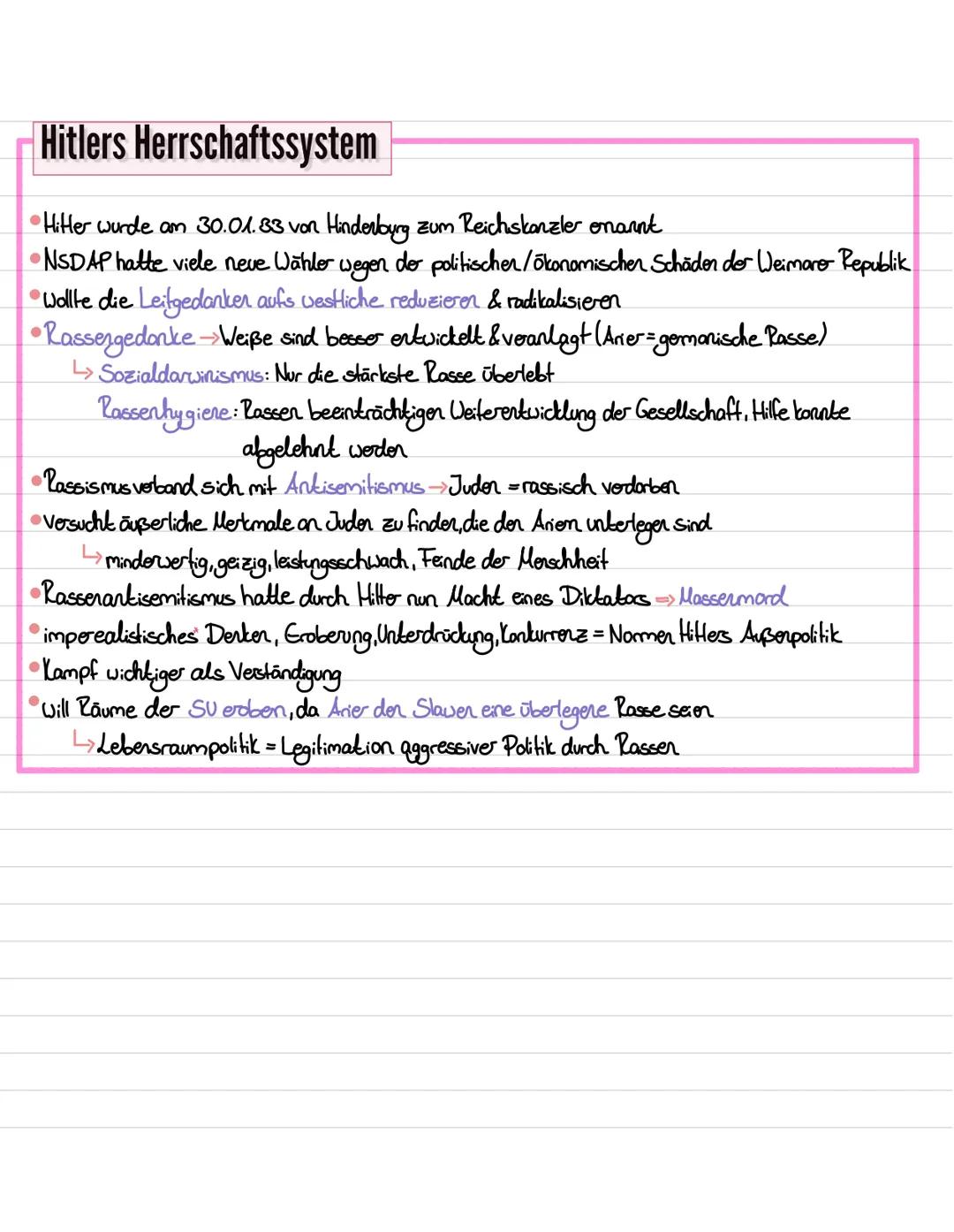 # Hitlers Herrschaftssystem

## Machtübernahme der NSDAP
*   Hitler wurde 1923 durch der Putschversuch vom Provinzpolitiker zur bekannter Pe