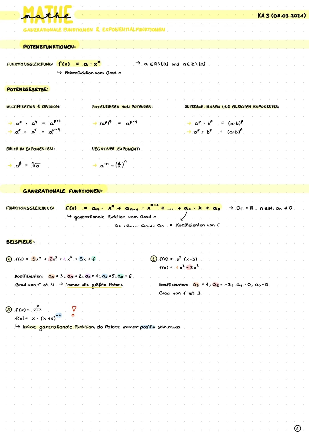 mathe
mate
GANZRATIONALE FUNKTIONEN & EXPONENTIALFUNKTIONEN
POTENZFUNKTIONEN:
FUNKTIONSGLEICHUNG: f(x) = a:x"
POTENZGESETZE:
MULTIPLIKATION 