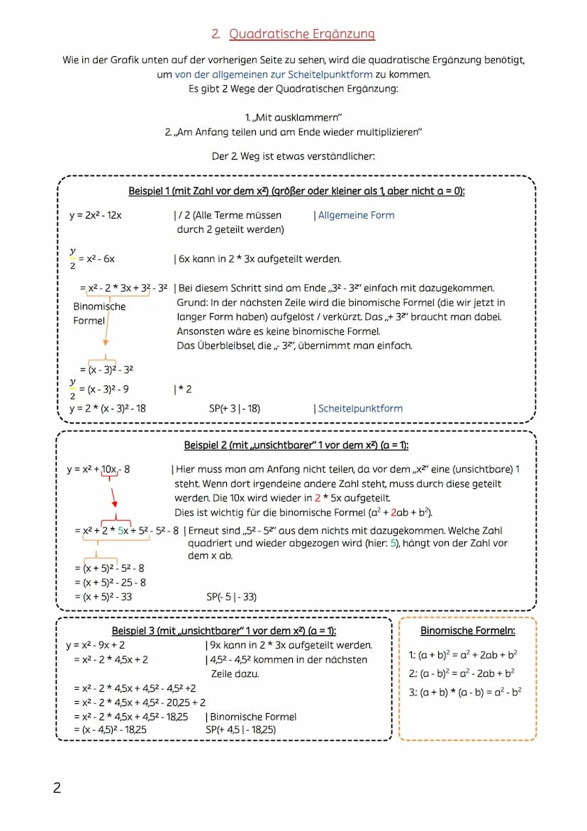 Mathe Arbeit Lernzettel Klasse 9-2. Halbjahr
Themen:
1. Darstellungsformen von Parabeln
2. Quadratische Ergänzung
3. Scheitelpunktform Allge